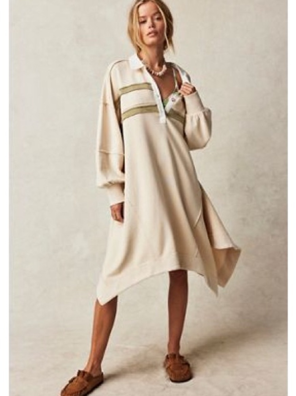 Cream Long-Sleeve Polo Swim Cover-Up Dress